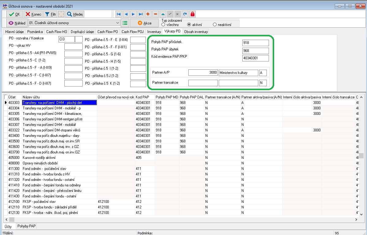 Nastavení výkaznictví PAP v účtové osnově